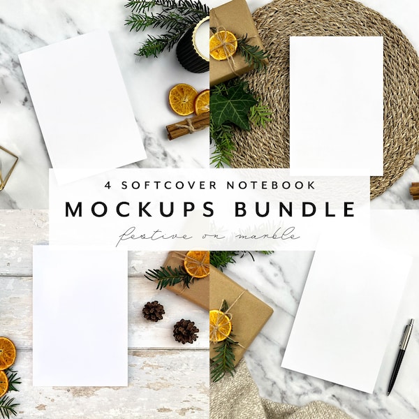 Bundle of 4 Christmas Softcover Boho Notebook Mockups with Festive Background KDP Journal Book Cover Mock-up with JPG PSD Smart Object