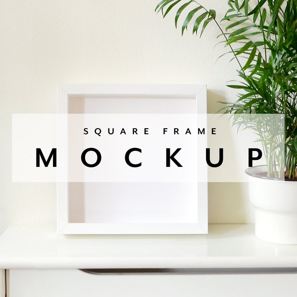 White Square Frame Mockup with Plant Modern Digital Mock Up on White Shelf Boho Photoshop Frame Template JPG PSD Smart Object