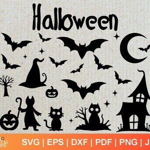 May include: Black and white Halloween themed SVG cut files. The design includes a witch's hat, bats, a haunted house, a cat, a pumpkin, and the word "Halloween".