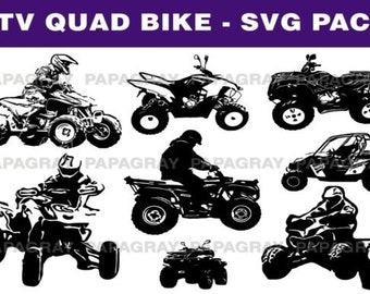 Könnte beinhalten: Ein Satz von acht schwarzen und weißen SVG-Schneidedateien mit verschiedenen ATV-Quad-Bike-Stilen. Die Dateien sind perfekt für Bastelprojekte wie Vinyl-Aufkleber, T-Shirt-Designs und mehr.