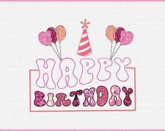 Può includere: Un biglietto di auguri di compleanno rosa e bianco con le parole "Buon compleanno" in un carattere scintillante rosa e bianco. Il biglietto è decorato con palloncini rosa e bianchi e un cappello da festa rosa e bianco.