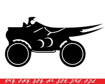 May include: Black and white silhouette of an ATV, or all-terrain vehicle, with a single seat and large tyres. The ATV is facing right and has a stylised design with a curved tail.