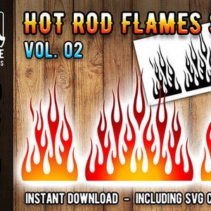 May include: A set of hot rod flames in red, orange and yellow. The flames are in a variety of sizes and shapes. The set includes SVG cut files. HOT ROD FLAMES SET VOL. 02
