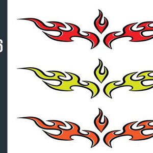 May include: Three stylised flame designs in red, yellow and orange. The flames are outlined in black and have a pointed tip.