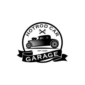 May include: Black and white logo for a hot rod car garage. The logo features a vintage hot rod car with a wrench and screwdriver crossed over it. The text "Hot Rod Car Garage" is in a circle around the car and the text "Est. 2020" is below the car.