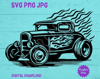 May include: Black and white silhouette of a vintage hot rod car with flames coming out of the back. The car has a rounded body style and large wheels.
