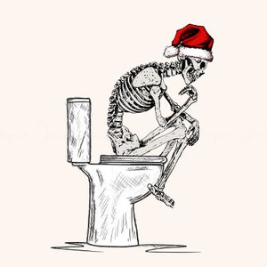 May include: A black and white illustration of a skeleton wearing a red Santa hat sitting on a toilet.