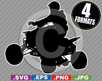 May include: Black and white silhouette of a person riding an ATV. The person is wearing a helmet and the ATV has four wheels.