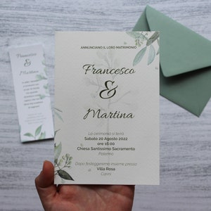 PARTECIPAZIONE2 MATRIMONIO ULIVO - elegante - sequoia - foglia - verde - segnaposto, libretto messa, bigliettini, ceralacca, busta