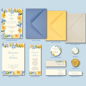 COORDINATO6 FLOREALE - elegante - giallo - azzurro - floreale - segnaposto, libretto messa, bigliettini, ceralacca, busta, coordinato