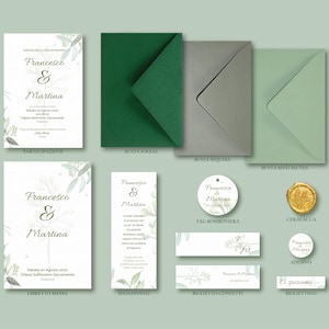 COORDINATO2 MATRIMONIO ULIVO - elegante - sequoia - foglia - verde - segnaposto, libretto messa, bigliettini, ceralacca, busta, coordinato