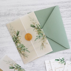 PARTECIPAZIONE8 MATRIMONIO TRASPARENZA - elegante, verde, foglie, marmo, segnaposto, libretto, bigliettini, ceralacca, busta, coordinato