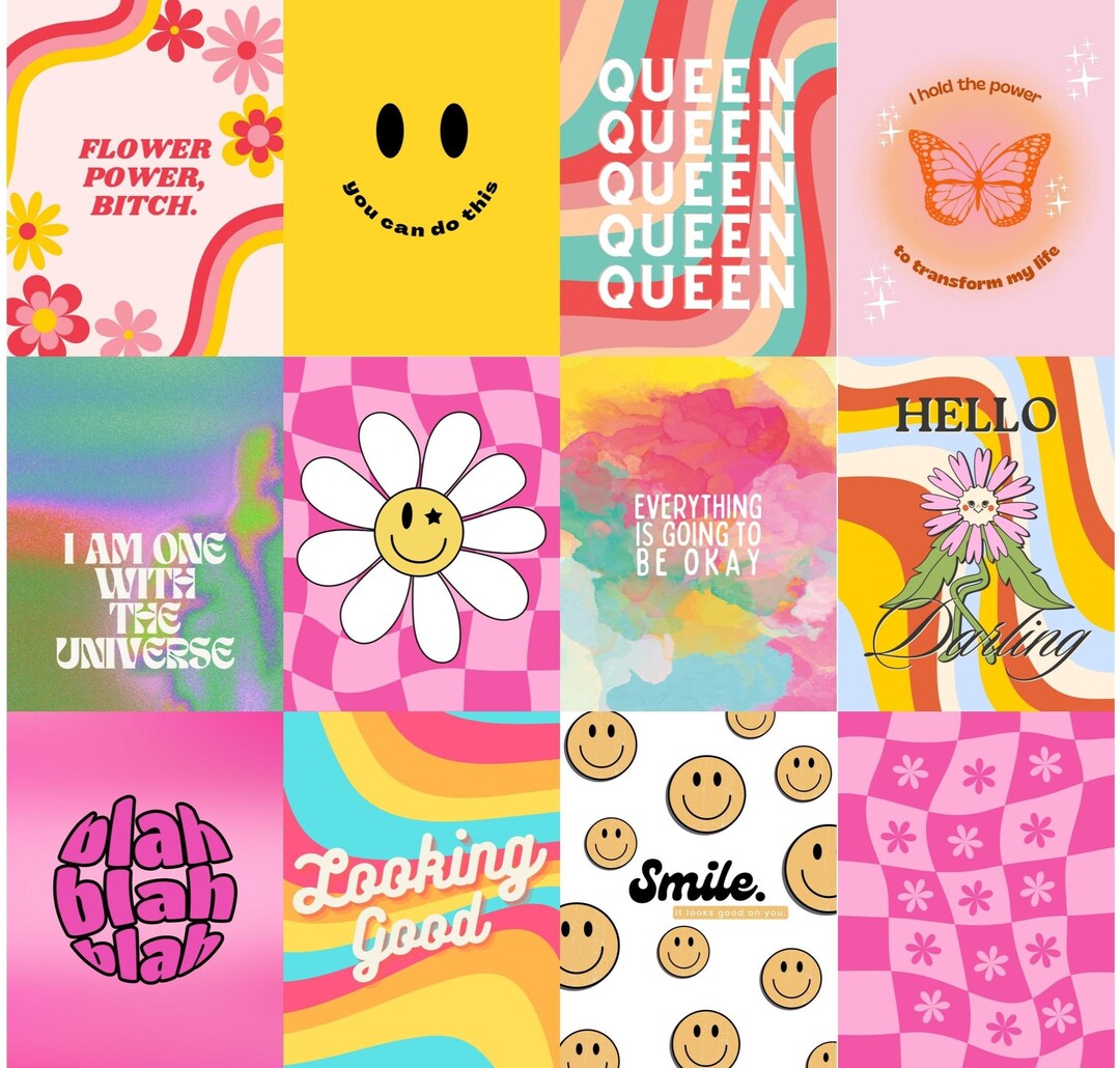 Trendy Wall Collage, Set of 12 Art Prints, Y2k Room Decor, Groovy Wall