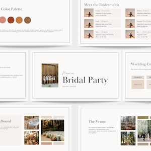 May include: A wedding planning guide with a color palette, mood board, and information about the bridal party and venue. The color palette features shades of beige, brown, and rust.