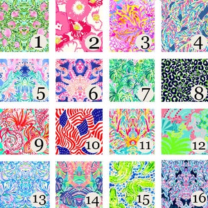 May include: A collage of 16 different patterned fabric swatches. The swatches feature a variety of colors and designs, including floral, animal print, and geometric patterns.