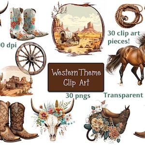 30 Watercolor Western Clipart, Horse Clipart Cowboy Western Texas Bundle Watercolor Cowboy Ranch PNG Format Instant Download Commercial Use