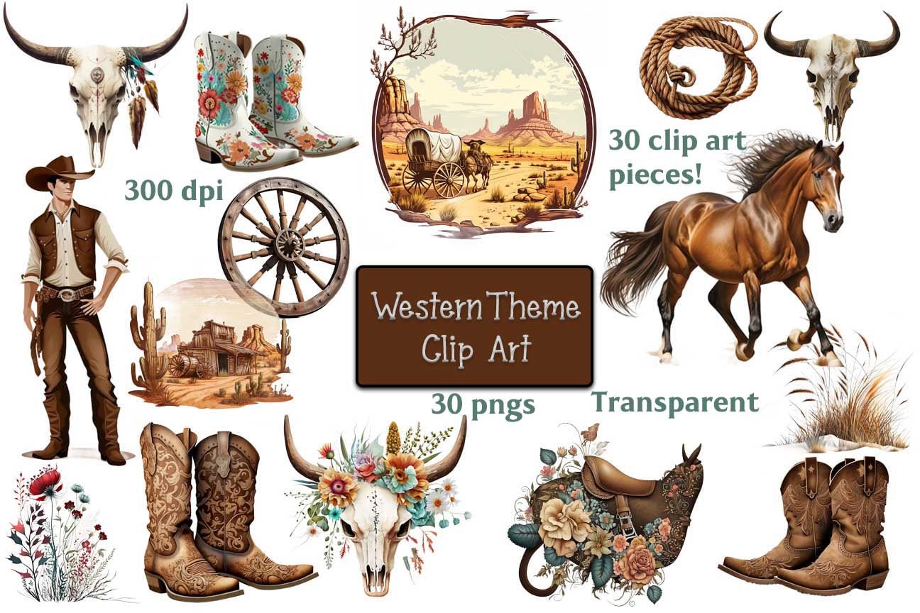 30 Watercolor Western Clipart, Horse Clipart Cowboy Western Texas