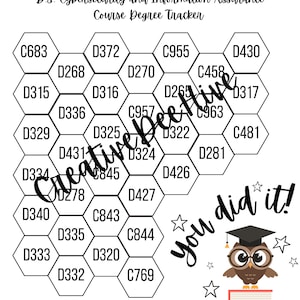 May include: A white course degree tracker for a B.S. in Cybersecurity and Information Assurance. The tracker features a honeycomb design with course codes, the text "You did it!", and an owl wearing a graduation cap.