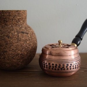 Handgemaakte 100% koperen wierookhouder houten handvat | Handgemaakt gesmeed koperen wierookvat | Koperen wierookbrander