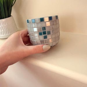 Iridescent Geometric Mosaic Mini Flower Pot – Gray Teal Ceramic Planter (3 inch)