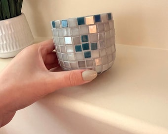 Iridescent Geometric Mosaic Mini Flower Pot – Gray Teal Ceramic Planter (3 inch)