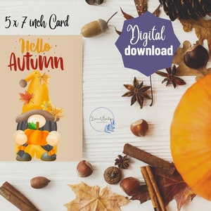 Tarjeta de felicitación de otoño imprimible Descarga instantánea de tarjeta de 5x7 pulgadas para otoño o Acción de Gracias, tarjeta de Acción de Gracias/Otoño para descargar, Hola Gnomo de Otoño