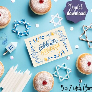 Imprimable Celebrate Hanukkah Greeting Card Téléchargement instantané Carte de 5 x 7 pouces pour les vacances, Happy Hanukkah