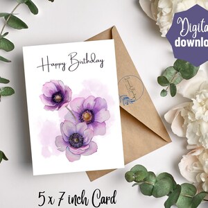 Biglietto d'auguri di compleanno stampabile Download istantaneo Scheda da 5x7 pollici, Biglietto di buon compleanno da scaricare, Spazio vuoto fiore viola di compleanno