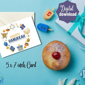 Carte de voeux imprimable Happy Hanukkah Téléchargement instantané Carte de 5 x 7 pouces pour les vacances, célébration Hanukkah
