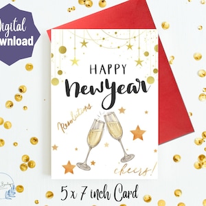 Printable New Years Greeting Card Instant Download 5x7 inch card for Holiday, Happy New Year Card, New Year Card Gold