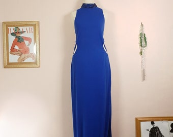 Vintage 1980s Blue Cocktail Dress Beaded Evening Gown Size 12/14 Party Maxi