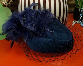 Vintage 1980s Pillbox Hat Blue Feather Fascinator Mesh Wedding