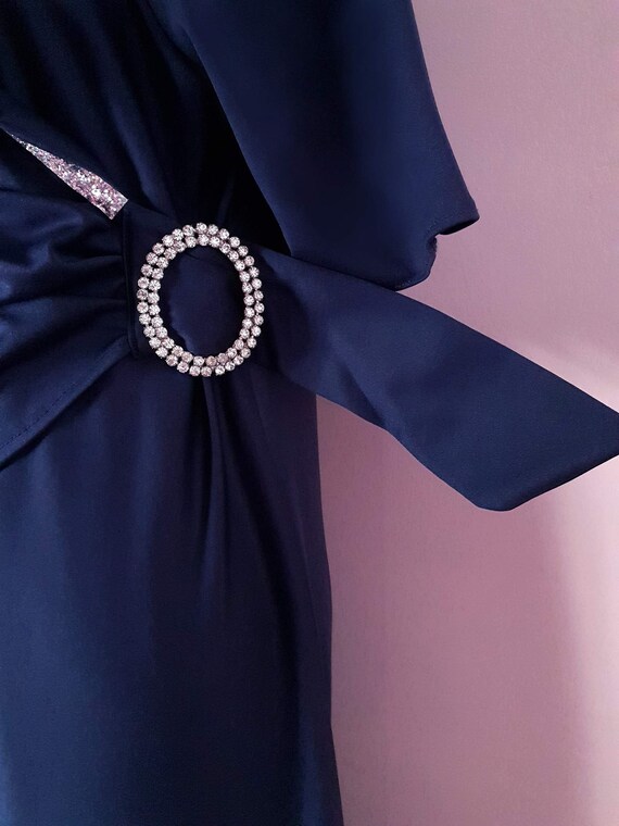 Elegant 1970s Navy Blue Vintage Evening Gown Rhin… - image 4