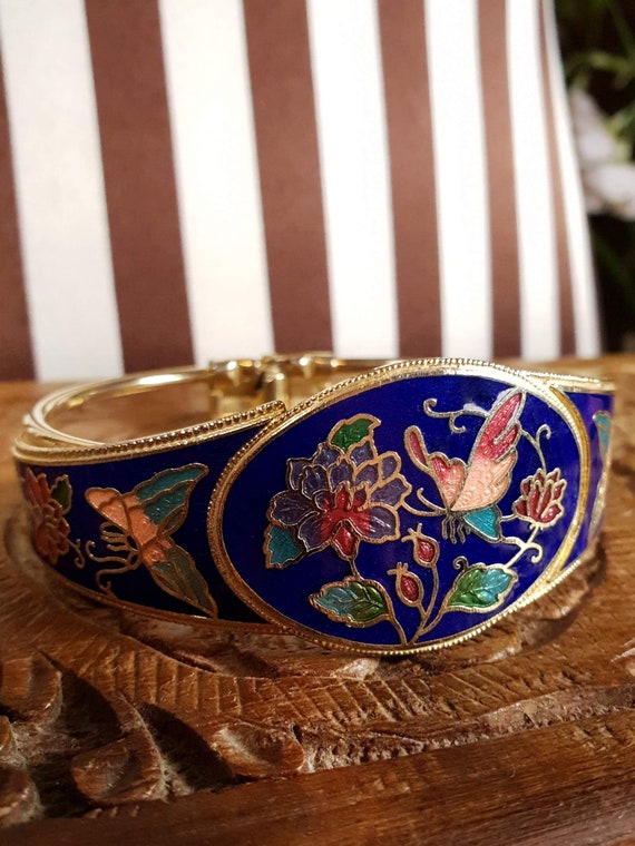 Vintage 1980s Cloisonne Bangle Bracelet Butterfly… - image 7