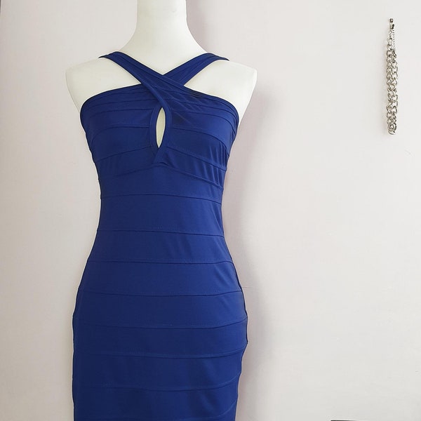 Vintage 1990s Deep Blue Bandage Party Dress - Size 10