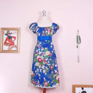 Vestido floral azul vintage midi talla 10 algodón verano