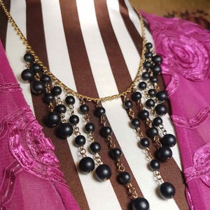 Vintage 1960s Black Bead Statement Necklace Cascading Bib