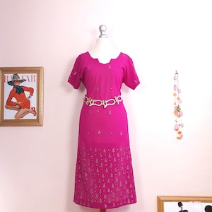 Vintage Cerise Pink Chiffon  Boho Kaftan Ladies 1980s Caftan Embroidered Sequins Size 14