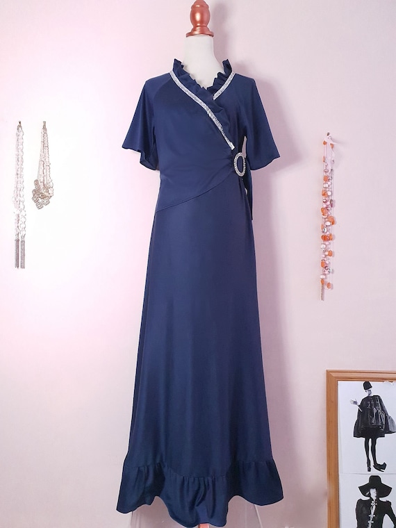 Elegant 1970s Navy Blue Vintage Evening Gown Rhin… - image 1
