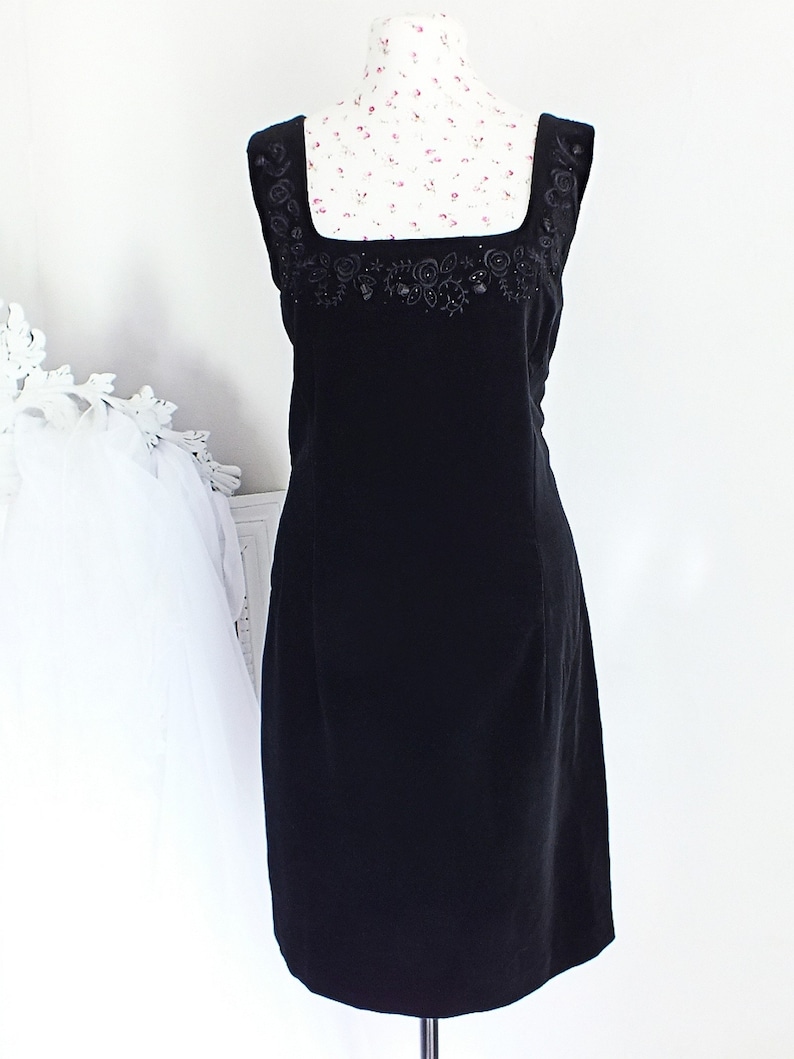 1990S Vintage Laura Ashley Black Velvet Embroidered Dress Size 12/14 image 1