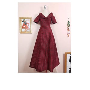 Vestido vintage de seda a cuadros rojos, estilo monzón, largo de noche, estilo retro de los años 80, para fiestas, entallado y acampanado, talla 10