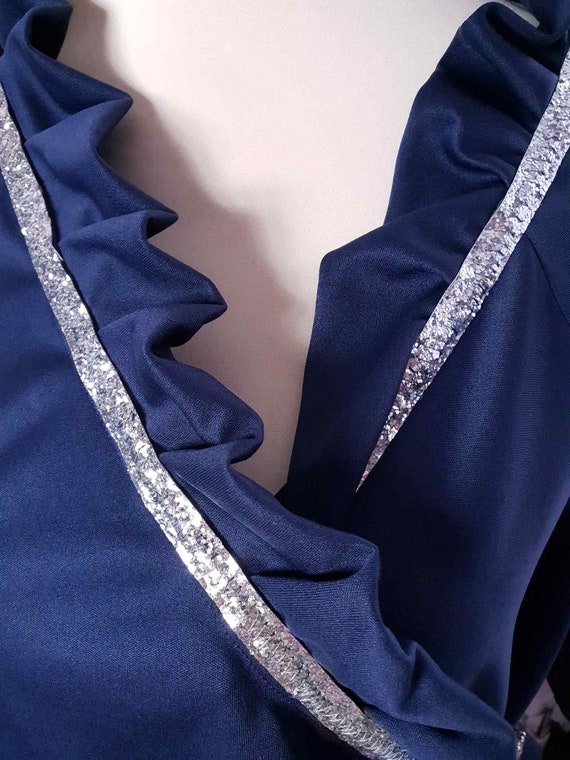 Elegant 1970s Navy Blue Vintage Evening Gown Rhin… - image 3