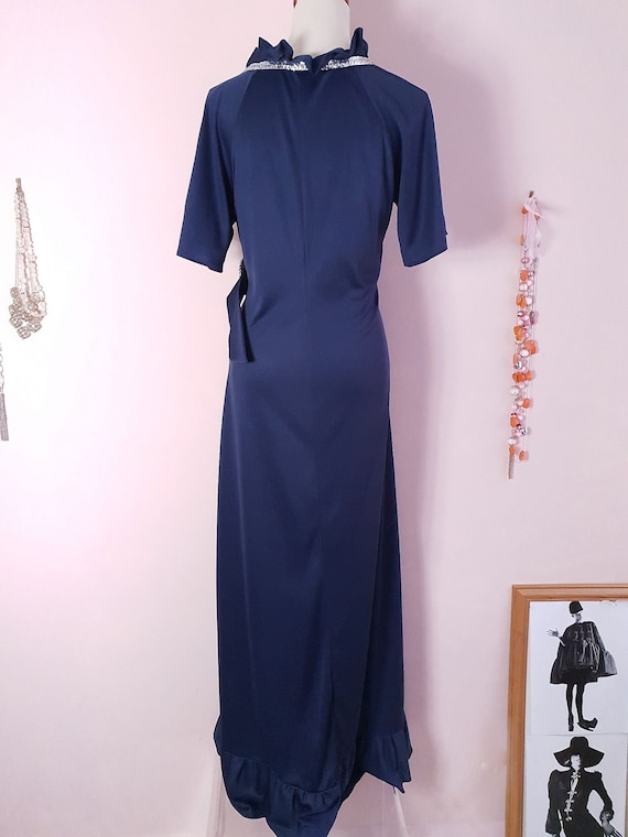 Elegant 1970s Navy Blue Vintage Evening Gown Rhin… - image 7