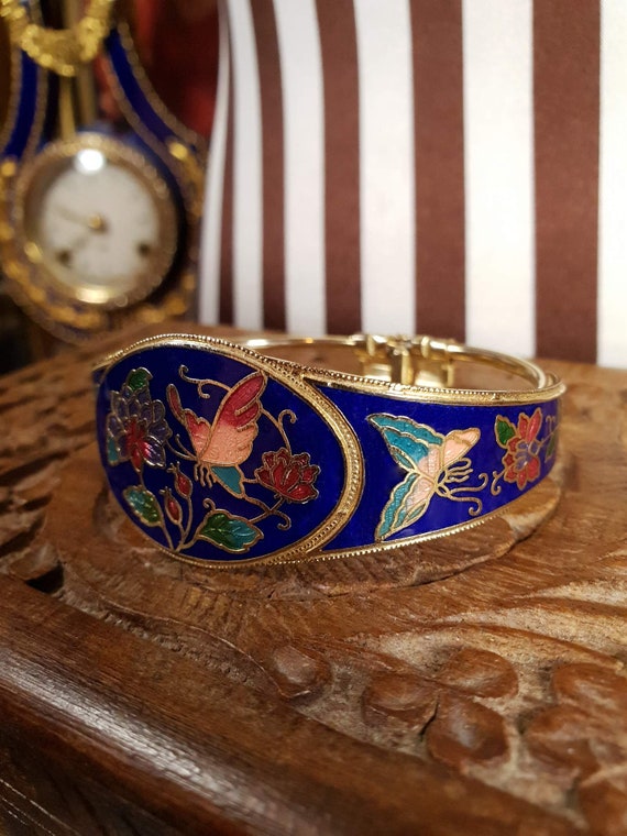 Vintage 1980s Cloisonne Bangle Bracelet Butterfly… - image 6
