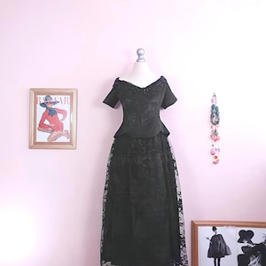 Vintage Black Evening Dress 1980s Scott McClintock Lace Sequins - Size 14 Party LBD Cocktail