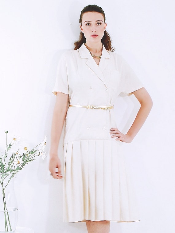 Vintage 1980s Alexon Cream Drop Waist Pleat Dress - image 2