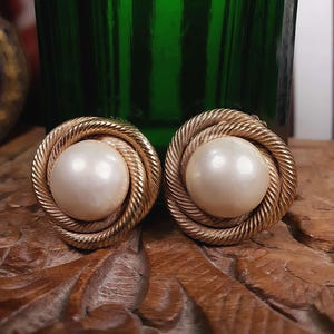 Vintage 1960s Faux Perle Ohrringe Seil Design Gold Ton Clip-On Retro