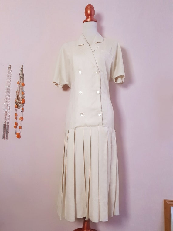 Vintage 1980s Alexon Cream Drop Waist Pleat Dress - image 1