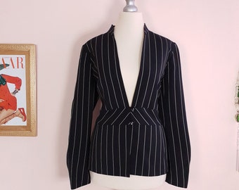 Blazer vintage des années 90 à fines rayures noir pour femme - Taille 12 - Femme