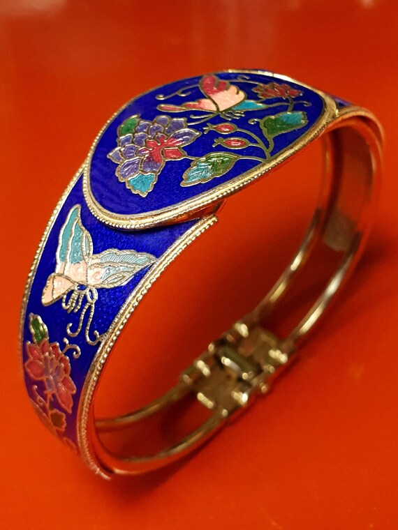 Vintage 1980s Cloisonne Bangle Bracelet Butterfly… - image 2